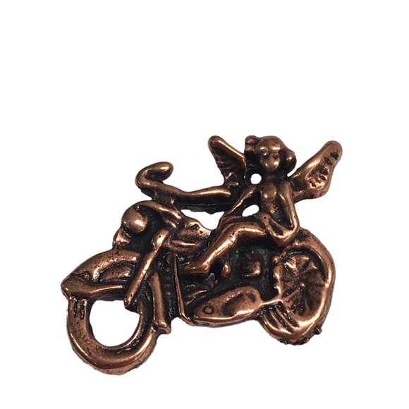 Vintage Jewelry - Vintage Copper Coloured Metal Angel On Motorcycle Pin